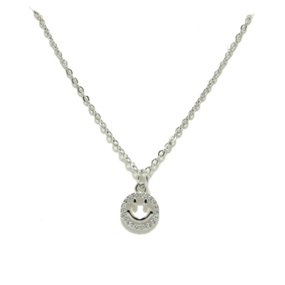 Silver smiley face necklace ; stainless steel